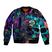 Unisex zip-up bomber jacket with multicolor skull and flower print, ribbed cuffs