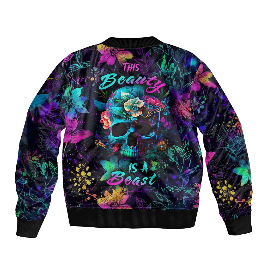 Unisex bomber jacket with multicolor floral skull graphic and ribbed black cuffs