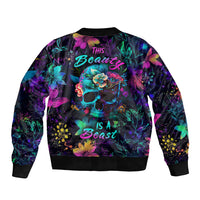 Unisex bomber jacket with multicolor floral skull graphic and ribbed black cuffs