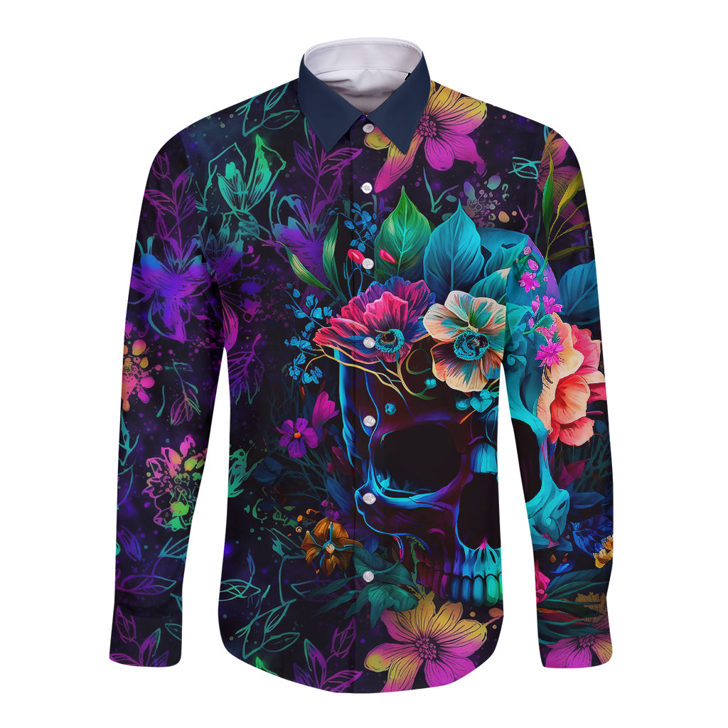Multicolor long-sleeve button shirt front, dark base with floral skull art