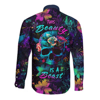 Multicolor long-sleeve button shirt, dark back with floral skull graphic