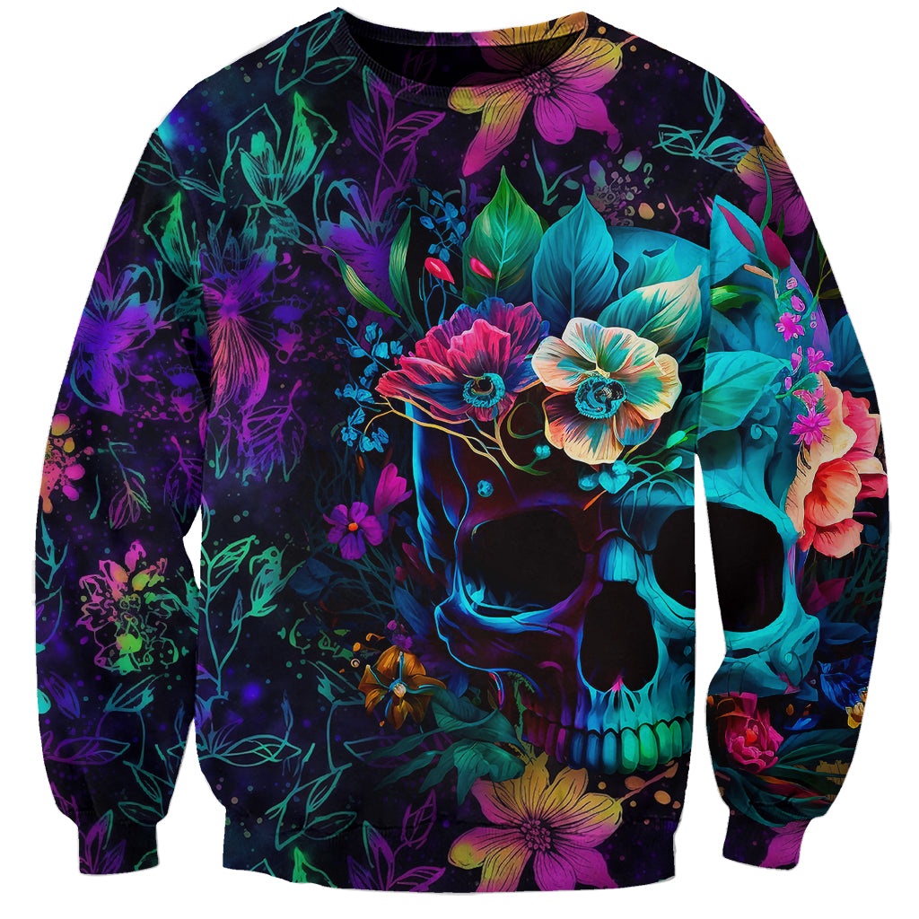 Multicolor sweatshirt with large neon skull face and bright flowers, long sleeves