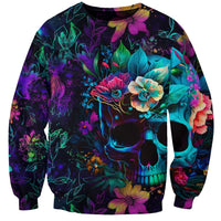 Multicolor sweatshirt with large neon skull face and bright flowers, long sleeves