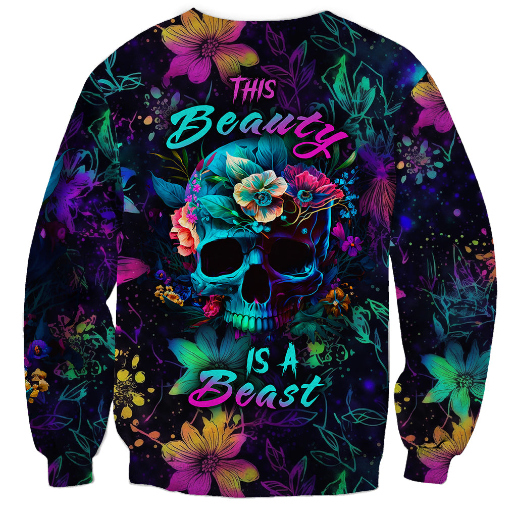Multicolor sweatshirt with central neon skull and floral pattern graphic, crew neck