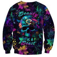 Multicolor sweatshirt with central neon skull and floral pattern graphic, crew neck