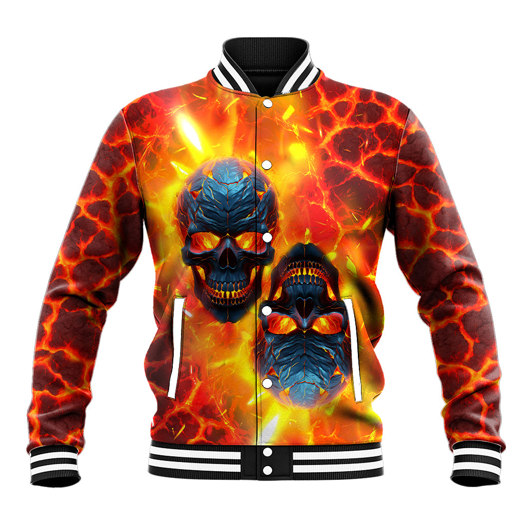 Multicolor lava baseball jacket with blue skull graphic front, snap buttons, striped collar