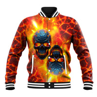 Multicolor lava baseball jacket with blue skull graphic front, snap buttons, striped collar