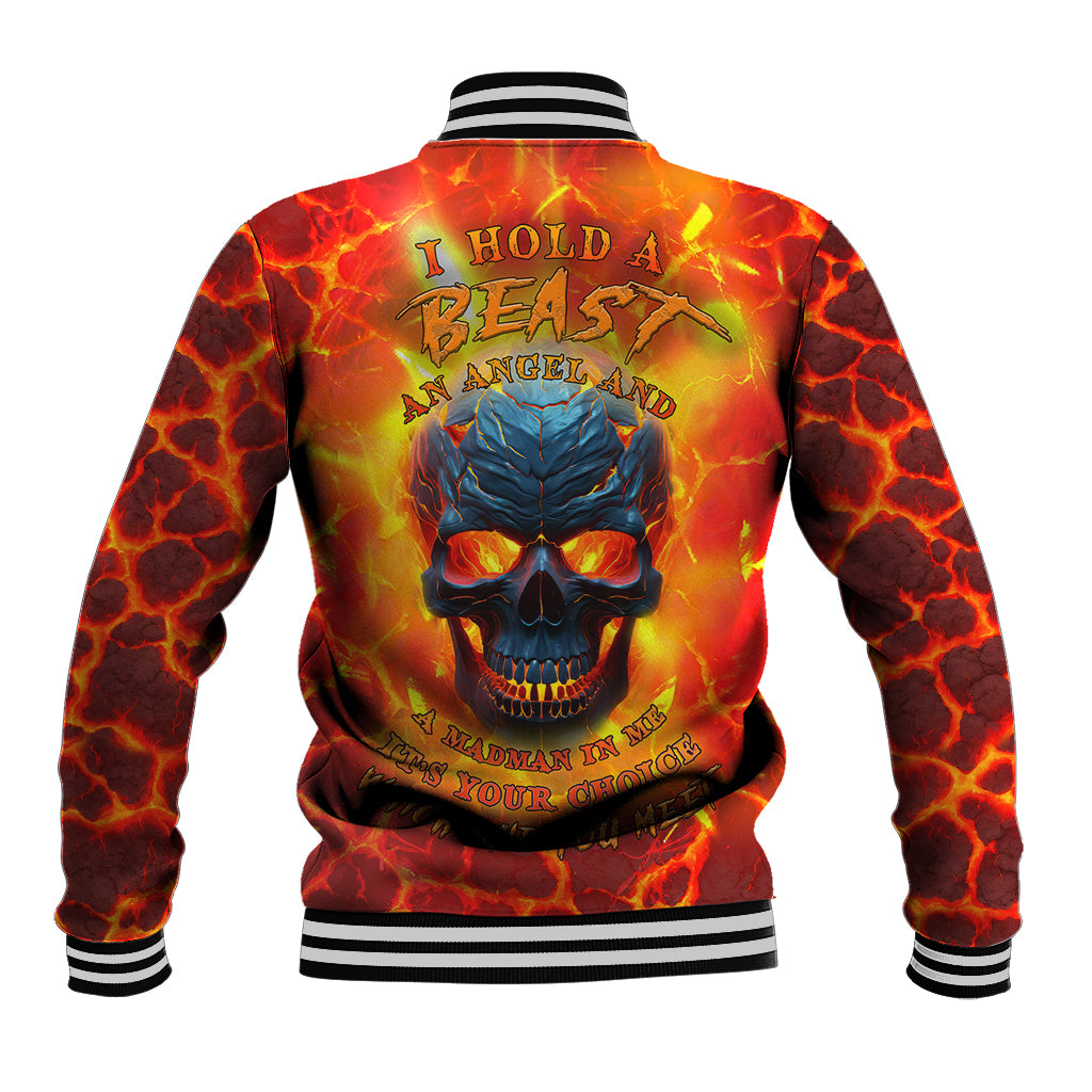 Multicolor lava-style baseball jacket with blue skull graphic on back, striped cuffs
