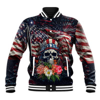 Patriotic graphic baseball jacket front with American flag burst, skull and floral; button-up.
