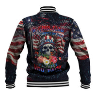 Multicolor graphic baseball jacket with American flag, skull and floral art; varsity striped cuffs.