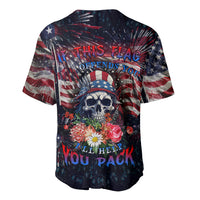 Multicolor baseball jersey with American flag, skull, and floral graphic, V-neck