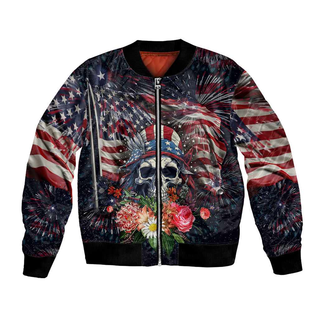 Unisex bomber jacket with full-zip front and patriotic skull floral graphic