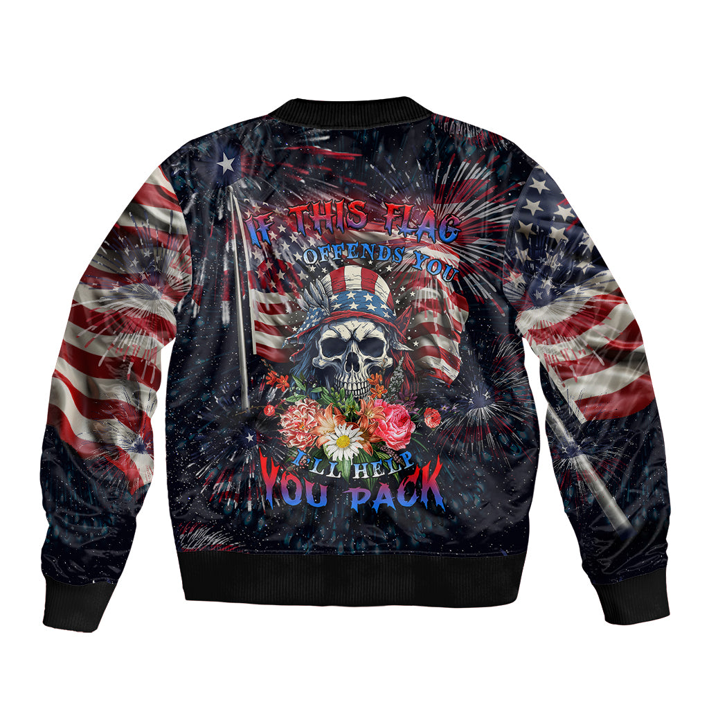 Unisex bomber jacket with patriotic skull fireworks graphic and ribbed cuffs