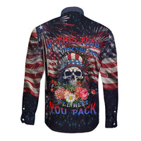 Long sleeve button shirt with American flag skull and roses graphic, full back print