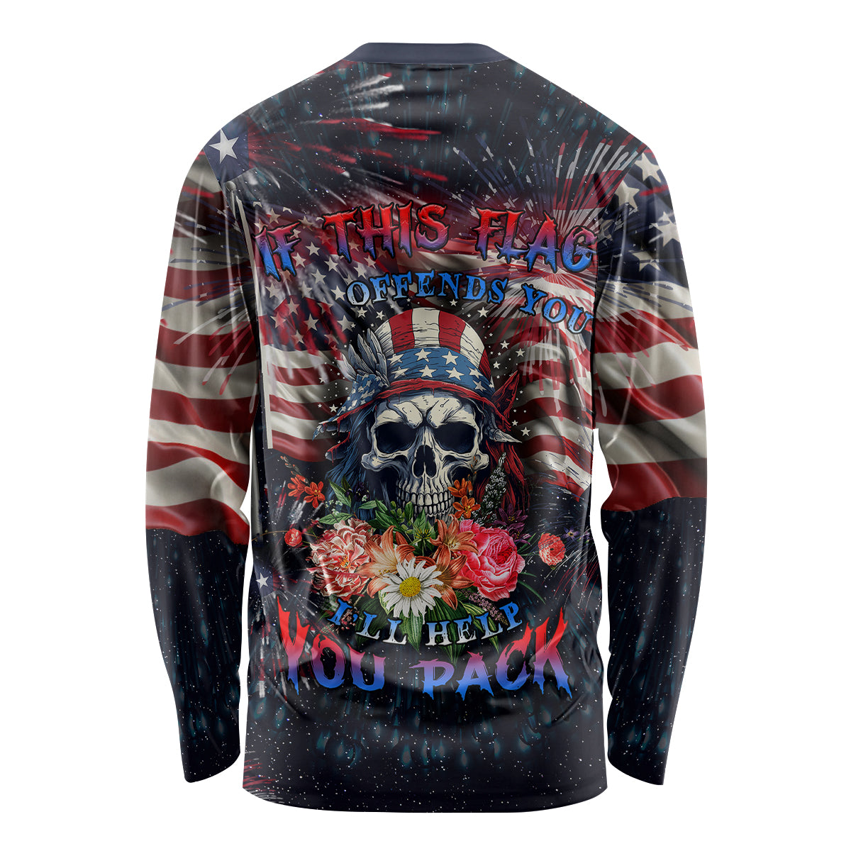 Unisex long sleeve shirt with colorful skull, U.S. flag burst, and floral graphic