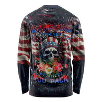 Unisex long sleeve shirt with colorful skull, U.S. flag burst, and floral graphic