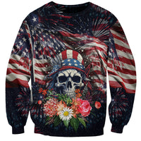Unisex crewneck sweatshirt with American flag rays, skull, and floral graphic