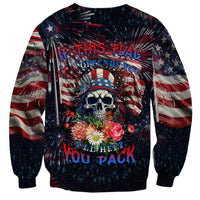 Unisex crewneck sweatshirt with patriotic skull, fireworks, and flower graphic