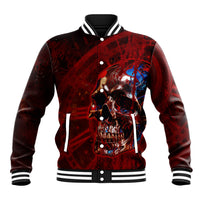 Red baseball jacket with striped ribbed collar and cuffs; front skull graphic with button placket