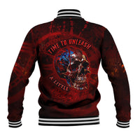 Red baseball jacket, striped ribbed collar; back skull graphic and warning text