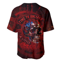 Baseball jersey with red-black skull graphic and button V-neck, short sleeves