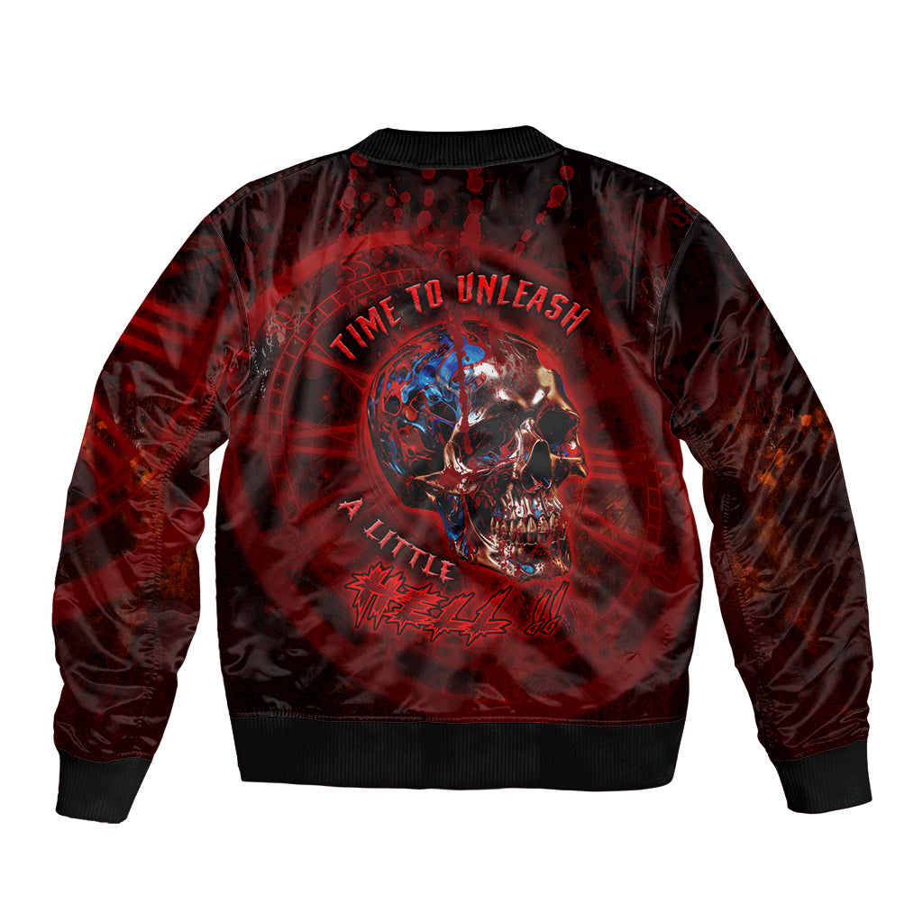 Unisex bomber jacket in dark red and black with front hell-themed skull graphic