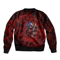 Unisex bomber jacket in dark red and black with front hell-themed skull graphic