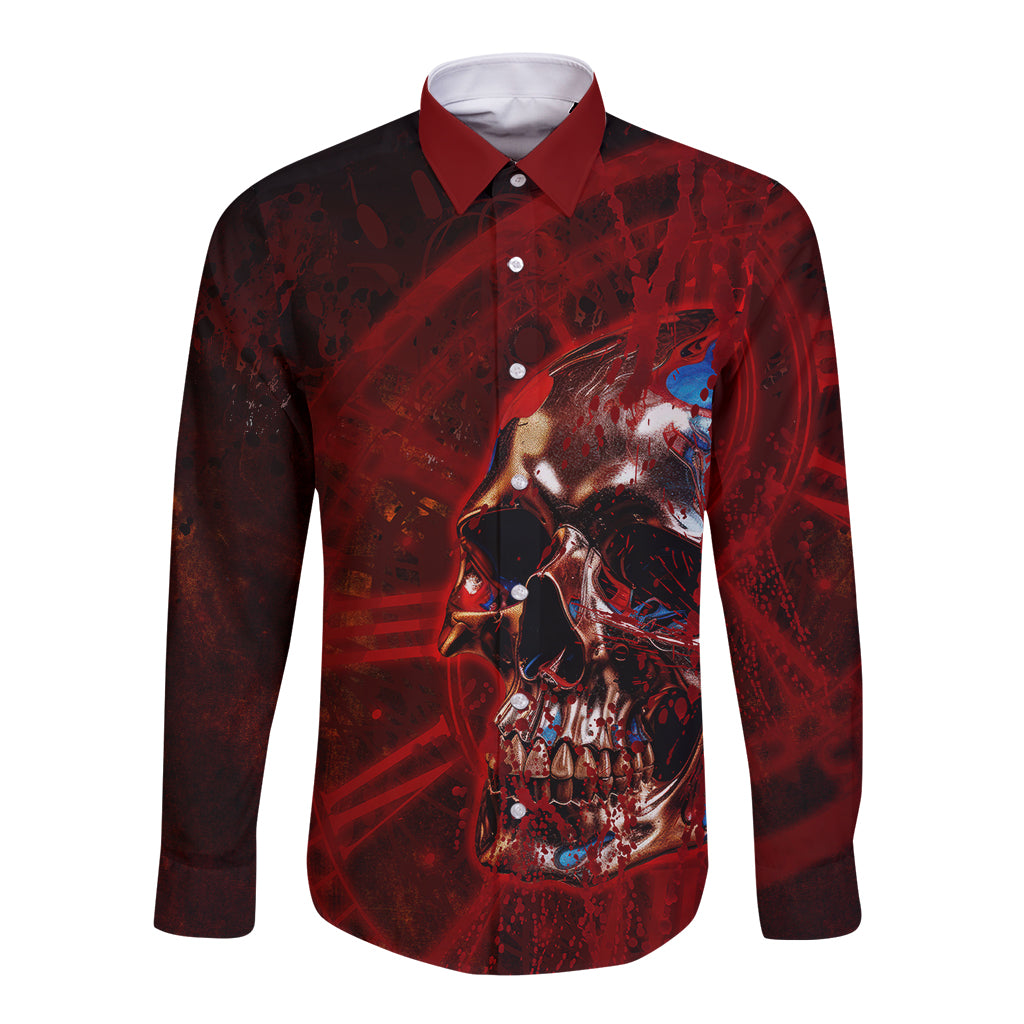 Long sleeve button shirt with red-and-black skull graphic, front view