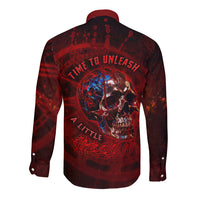 Long sleeve button shirt with red-and-black skull graphic, back view