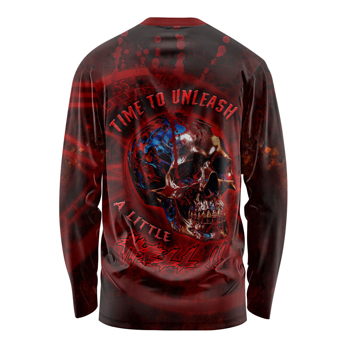 Unisex long-sleeve shirt with red and blue graphic skull on dark background