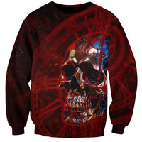 Unisex dark red sweatshirt with large skull face graphic, graffiti-style accents