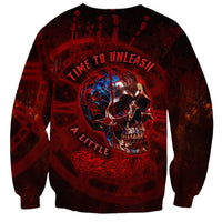 Unisex dark red sweatshirt with blue/red skull graphic and arched text print