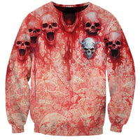 Unisex red-and-cream sweatshirt with central skull face graphic and skulls all-over print