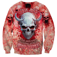 Unisex red-and-cream sweatshirt with front horned skull and skulls graphic, long sleeves
