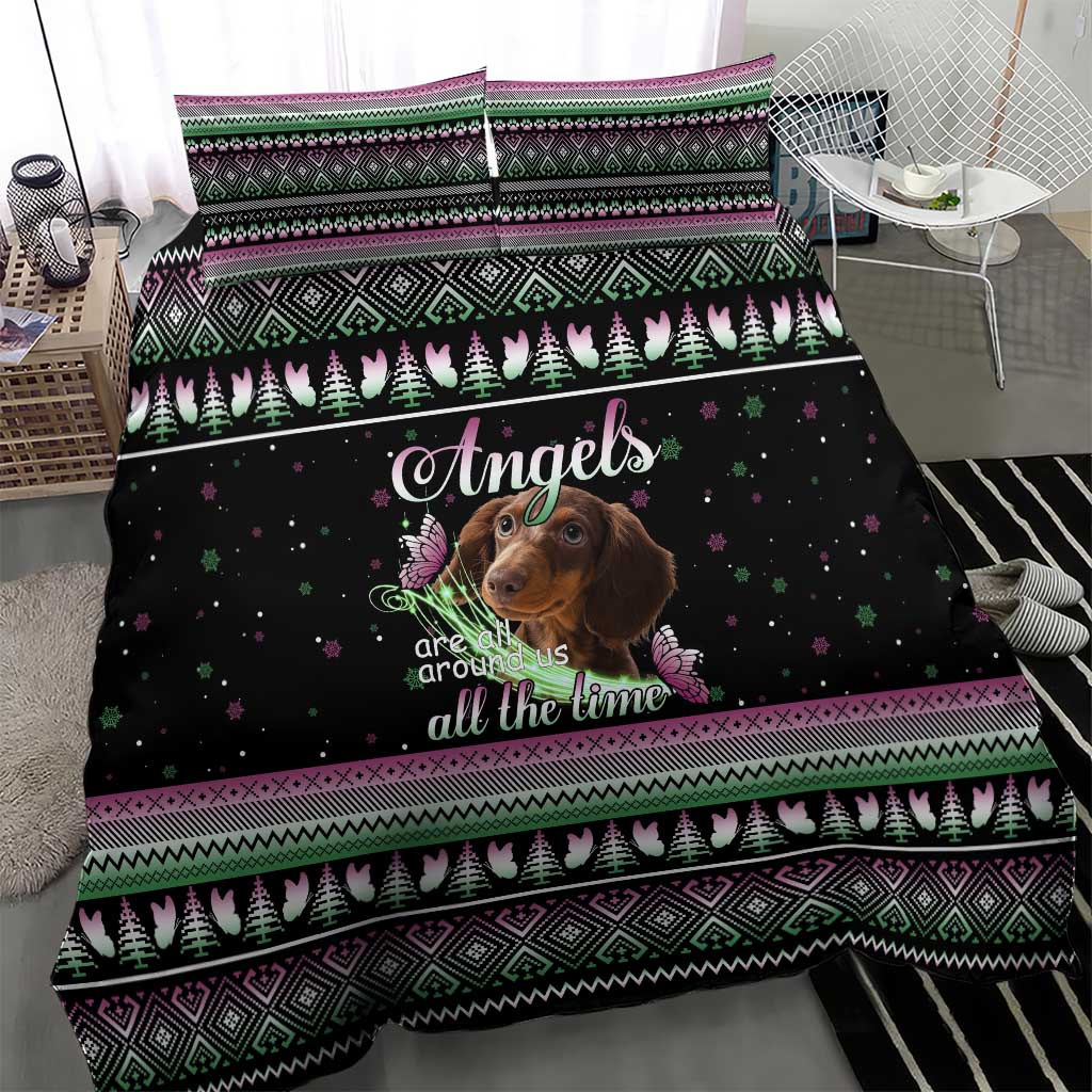 Christmas Dachshund Angel Dog Bedding Set Pink Green Tree Feather Pattern Design - Wonder Print Shop