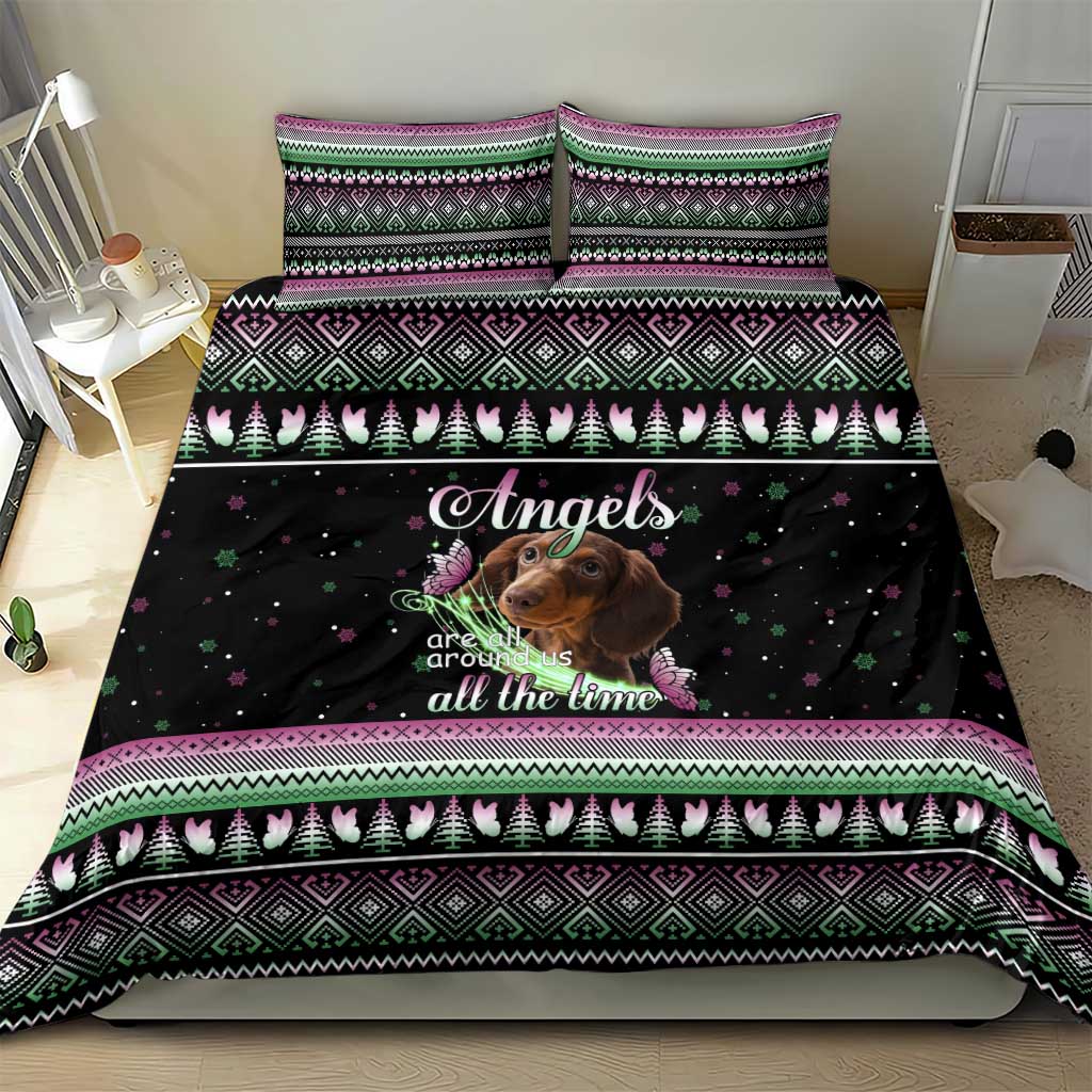 Christmas Dachshund Angel Dog Bedding Set Pink Green Tree Feather Pattern Design - Wonder Print Shop