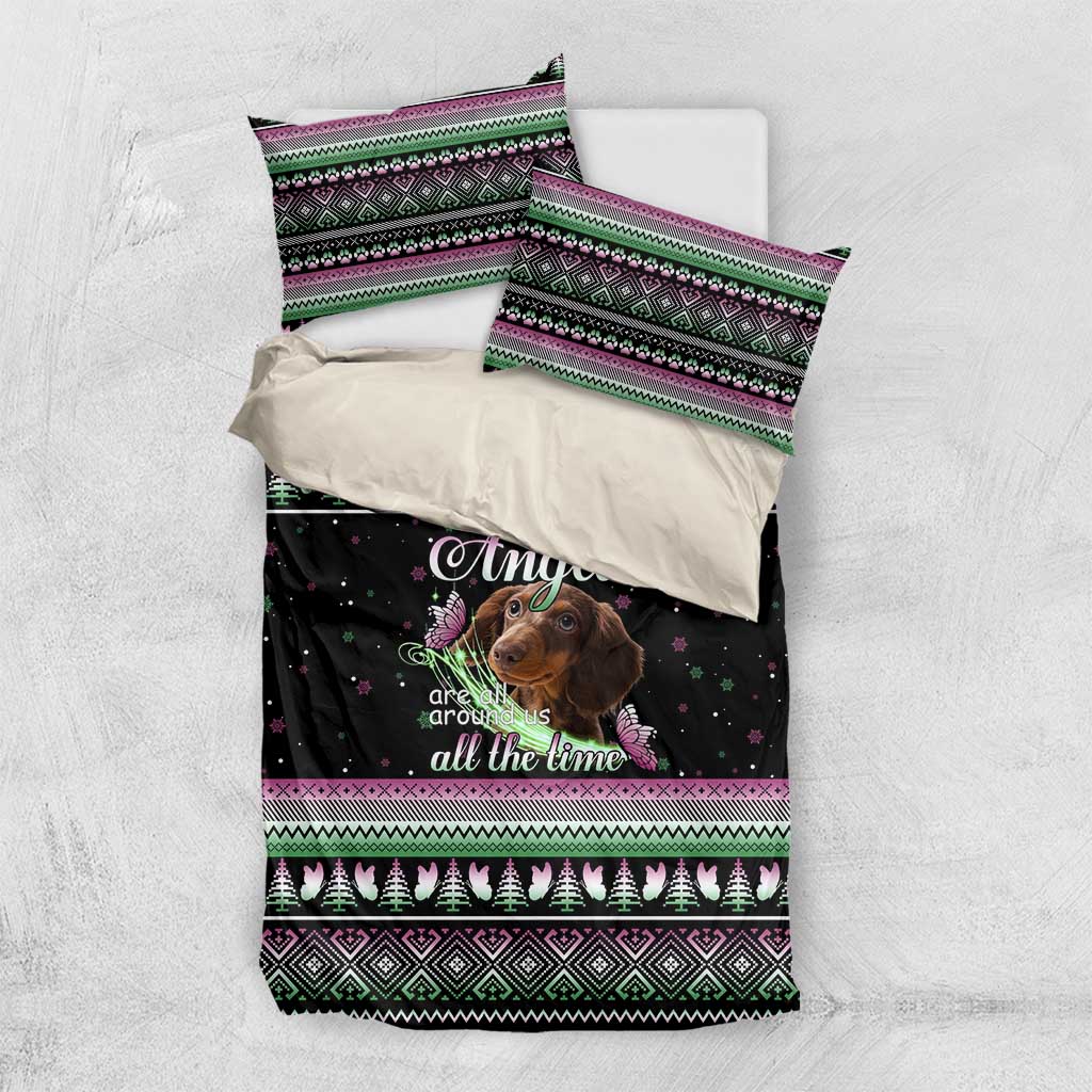 Christmas Dachshund Angel Dog Bedding Set Pink Green Tree Feather Pattern Design - Wonder Print Shop