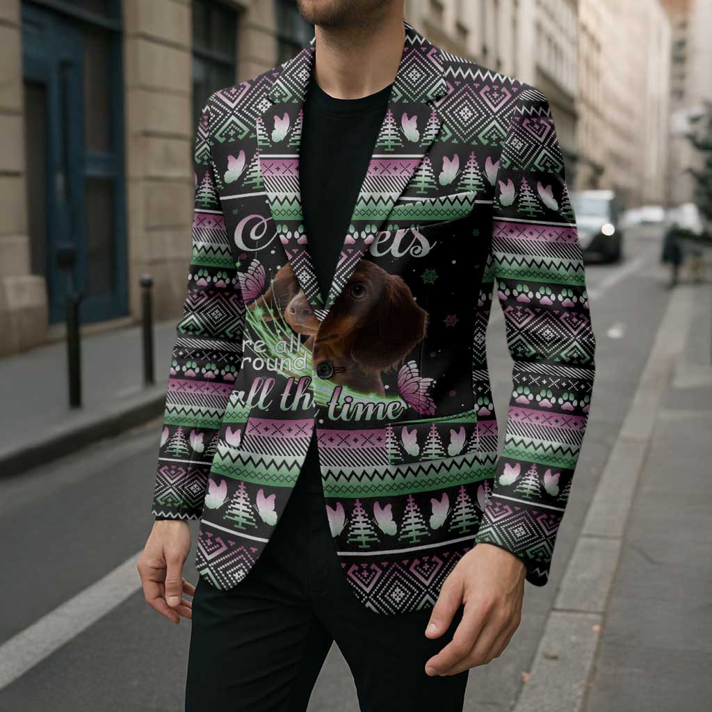 Christmas Dachshund Angel Dog Blazer Pink Green Tree Feather Pattern Design - Wonder Print Shop