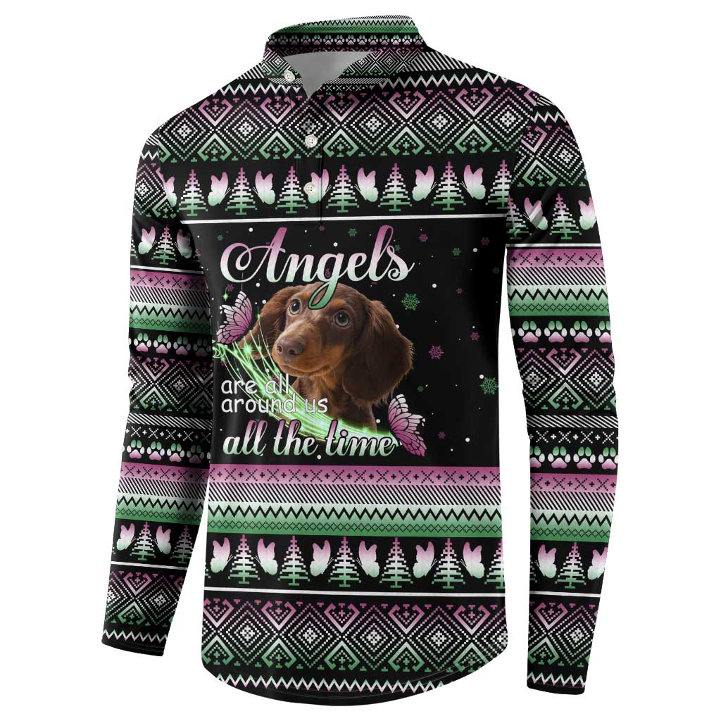 Christmas Dachshund Angel Dog Button Sweatshirt Pink Green Tree Feather Pattern Design - Wonder Print Shop
