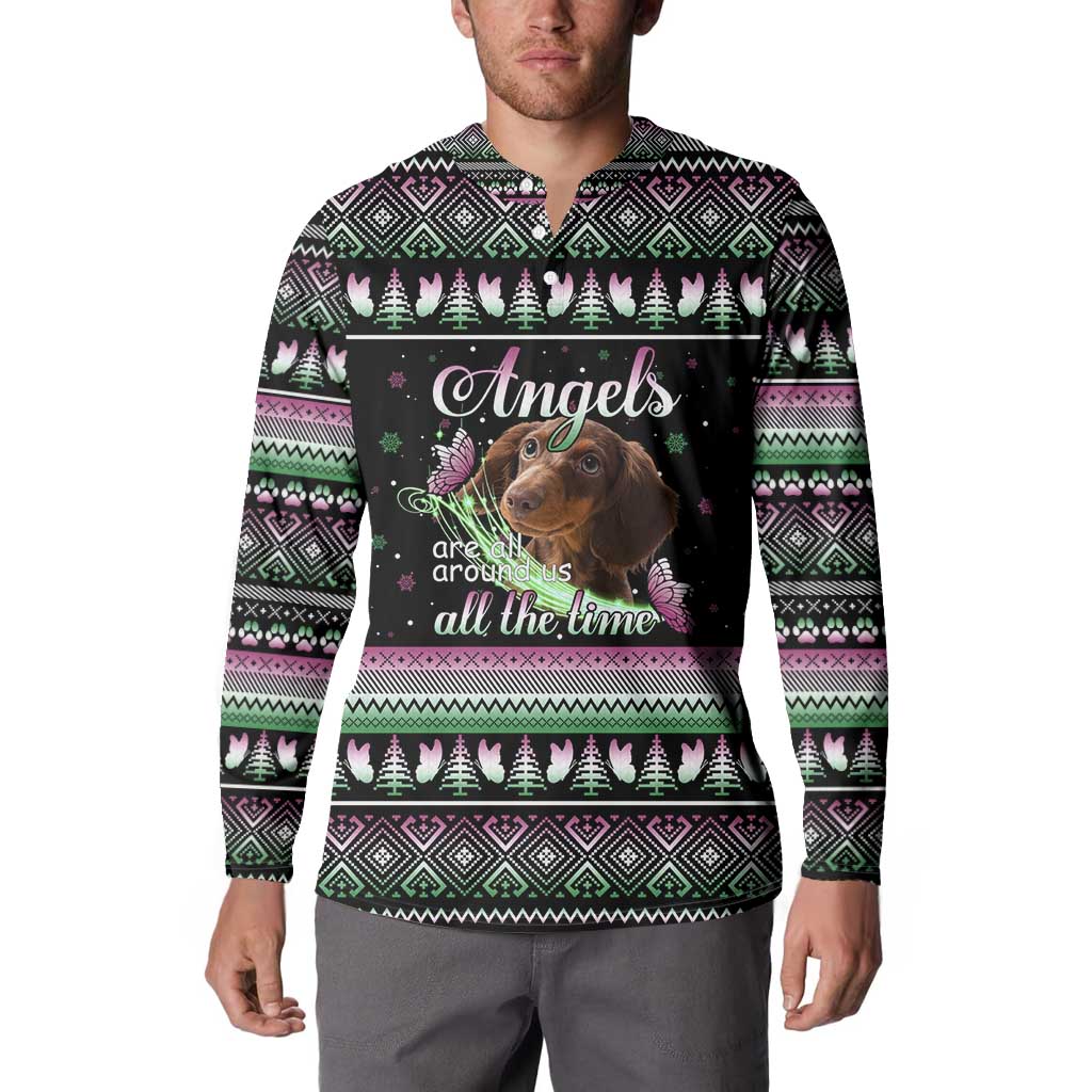 Christmas Dachshund Angel Dog Button Sweatshirt Pink Green Tree Feather Pattern Design - Wonder Print Shop