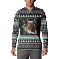 Christmas Dachshund Angel Dog Button Sweatshirt Pink Green Tree Feather Pattern Design - Wonder Print Shop