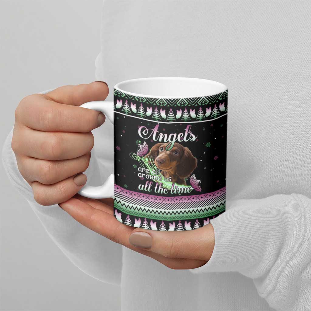 Christmas Dachshund Angel Dog Ceramic Mug Pink Green Tree Feather Pattern Design - Wonder Print Shop