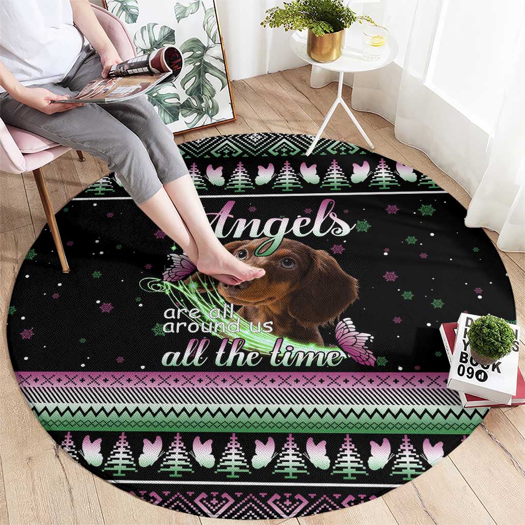 Christmas Dachshund Angel Dog Round Carpet Pink Green Tree Feather Pattern Design - Wonder Print Shop