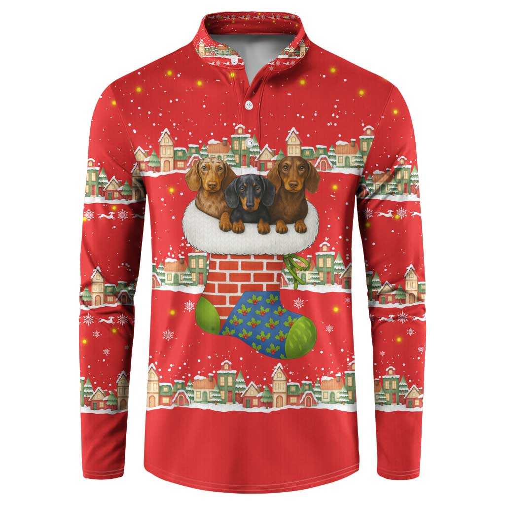 Funny Dachshund Dog Light Up Christmas Button Sweatshirt Snowy Village Red Holiday Design - Wonder Print Shop