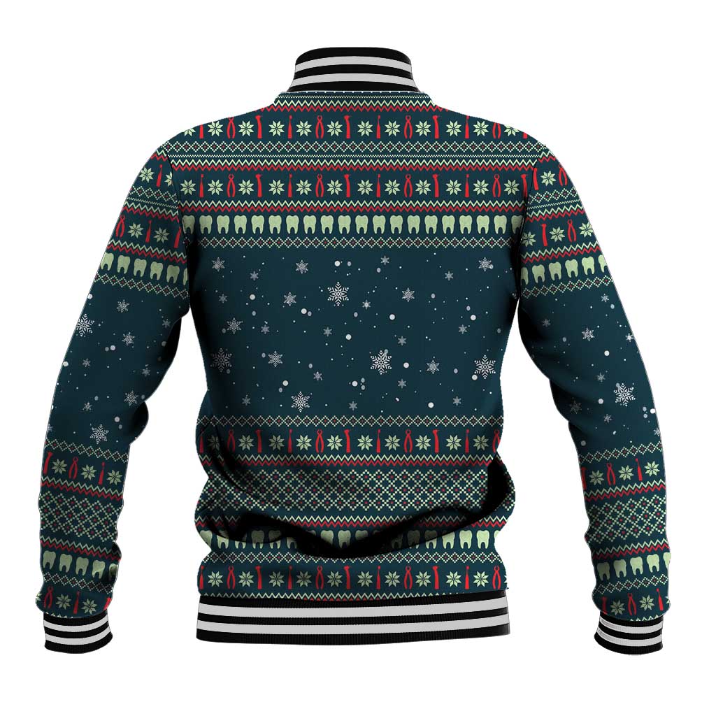 Funny Christmas Dental Squad Tooth Characters Baseball Jacket Snowflake Pattern Design - Wonder Print Shop