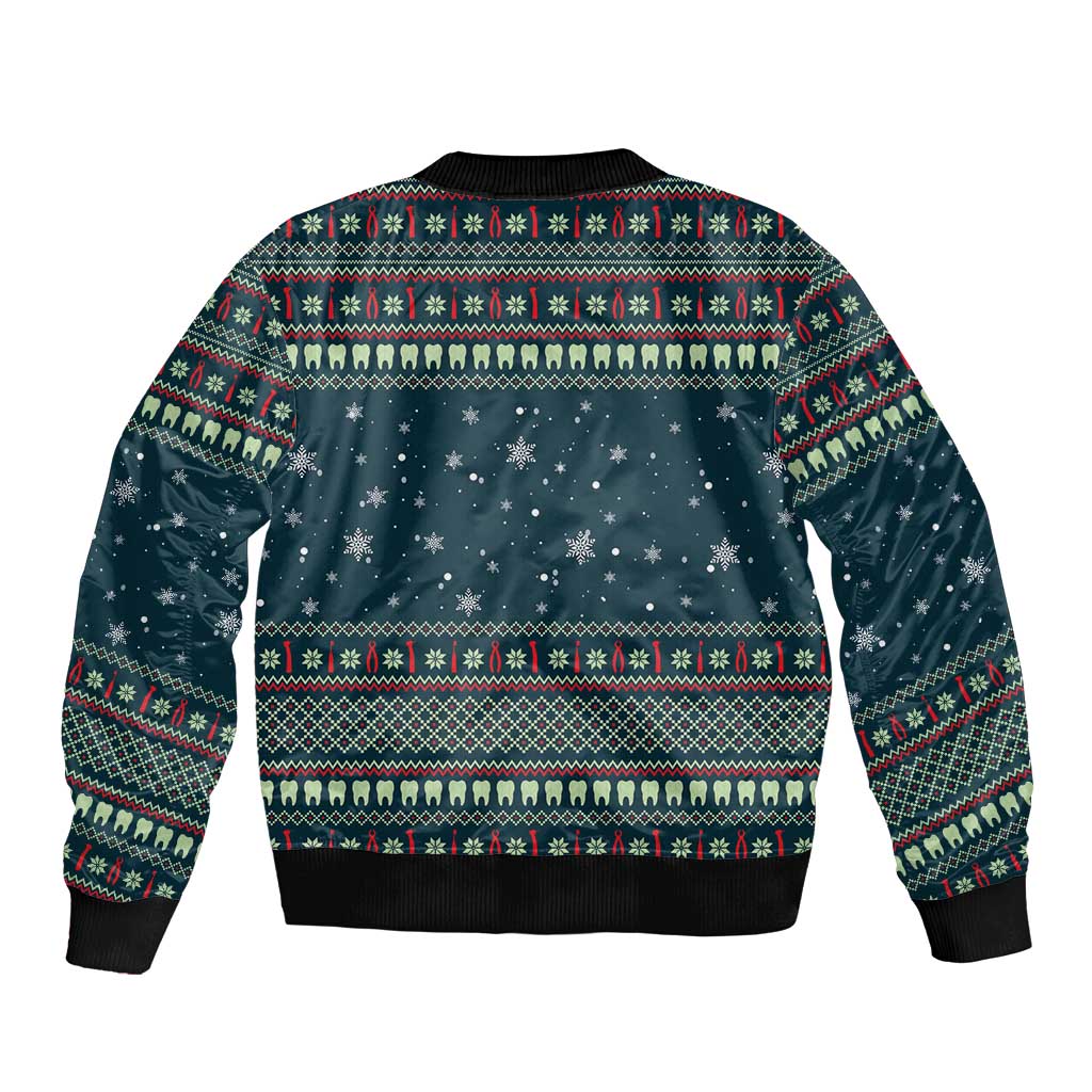 Funny Christmas Dental Squad Tooth Characters Bomber Jacket Snowflake Pattern Design - Wonder Print Shop