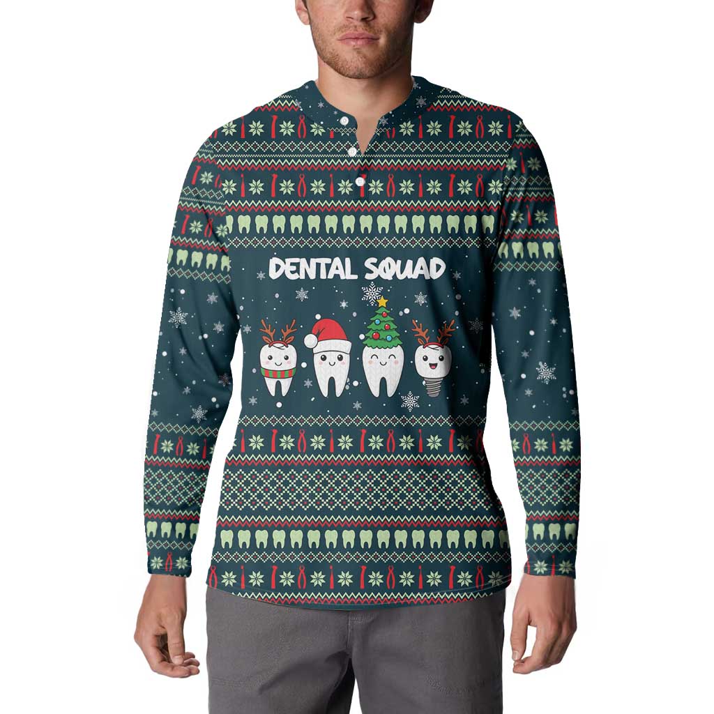 Funny Christmas Dental Squad Tooth Characters Button Sweatshirt Snowflake Pattern Design - Wonder Print Shop
