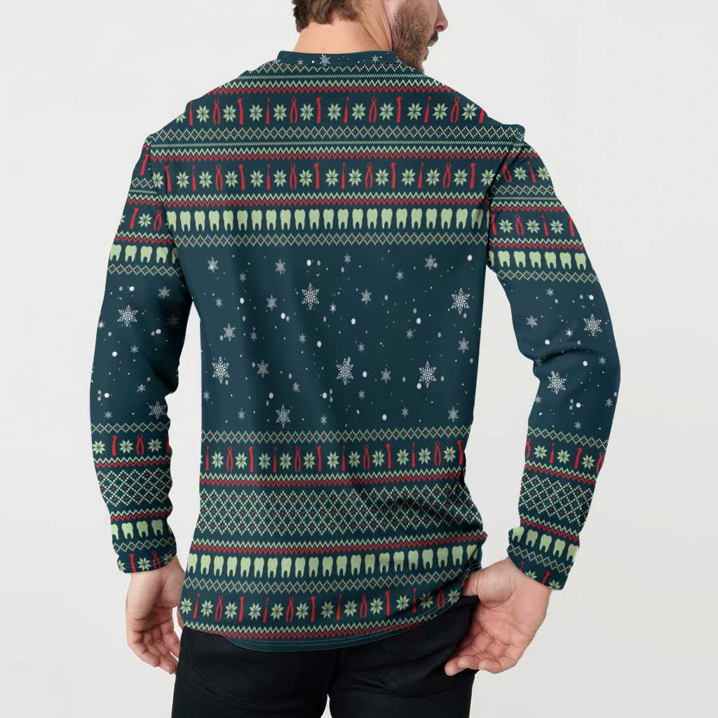 Funny Christmas Dental Squad Tooth Characters Button Sweatshirt Snowflake Pattern Design - Wonder Print Shop