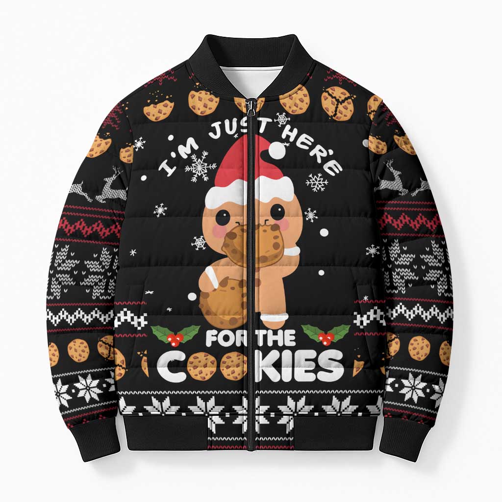 Just Here For The Cookies Christmas Bomber Puffer Jacket Funny Xmas Holiday Patterns - Wonder Print Shop