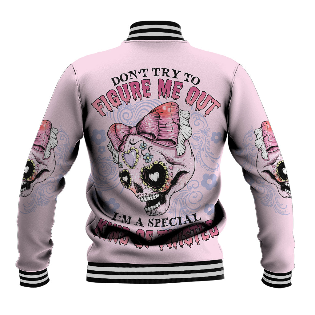 Unisex light pink baseball jacket with graphic skull heart and ribbed striped cuffs